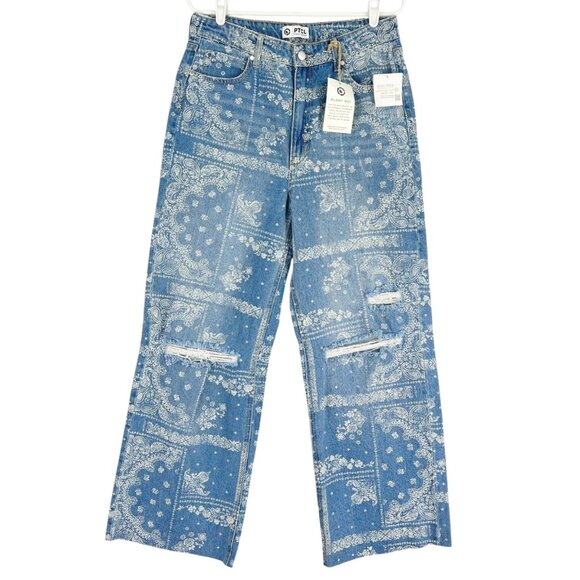 PTCL Ethical Clothing Women's Blue Paisley Bandana Print Jeans Sz 30 Raw Hem NWT - Picture 1 of 9